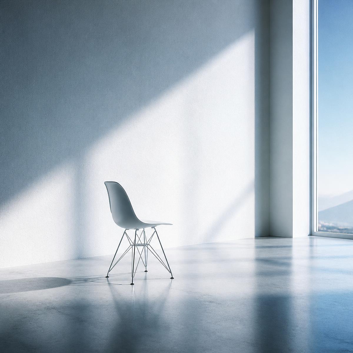 A single empty chair in a bright room with light raking across the wall