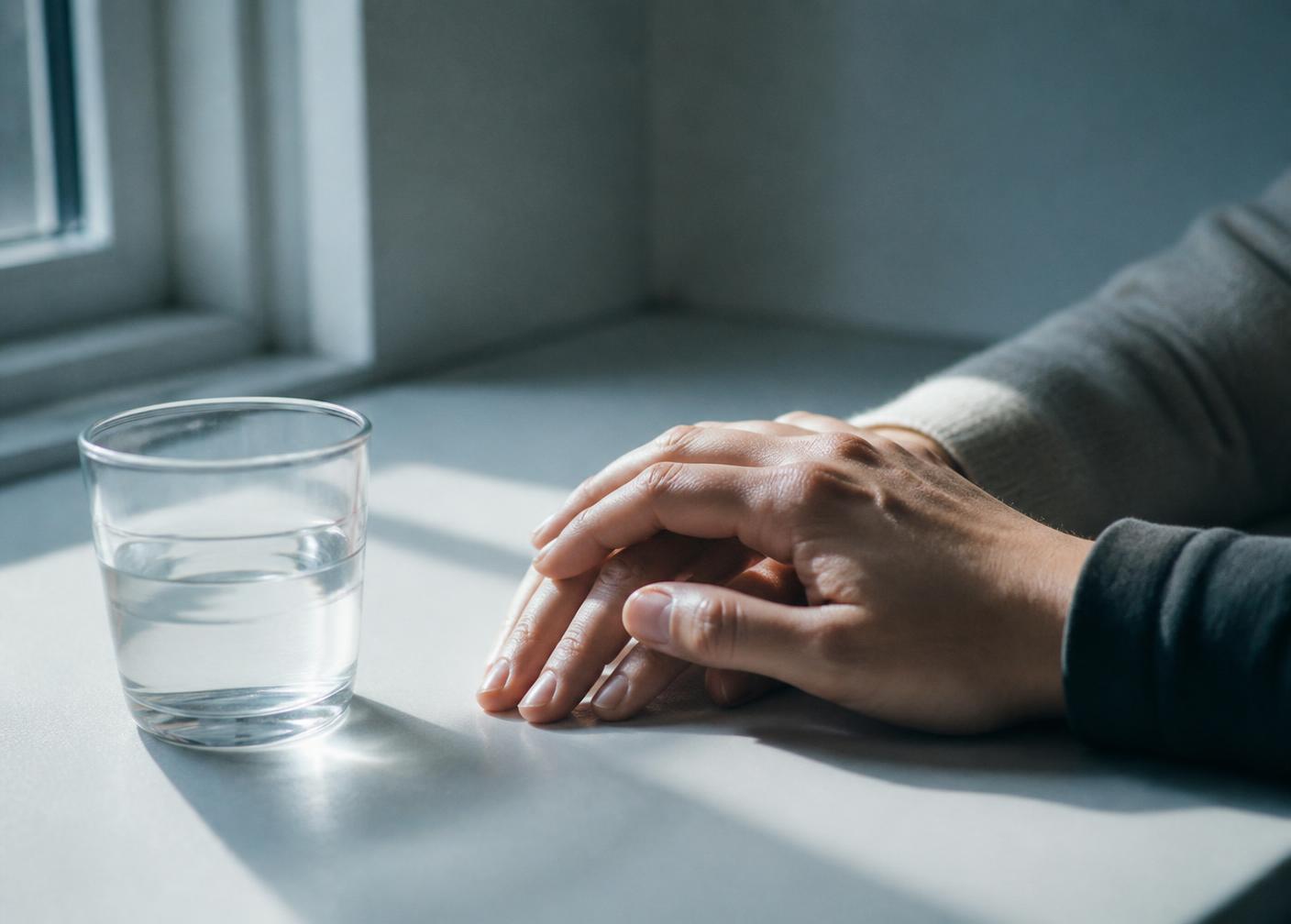 Two hands resting on a pale table beside a glass of water in soft window light
